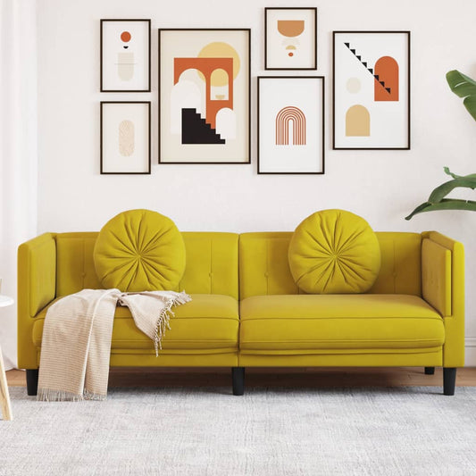 3-seater yellow velvet sofa with cushions