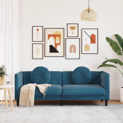 3-seater blue velvet sofa with cushions