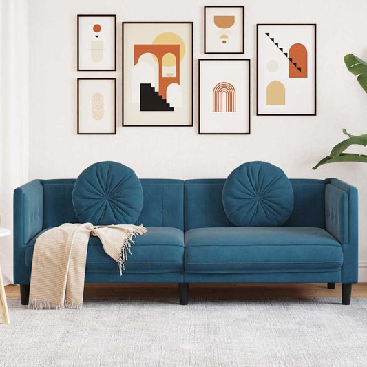 3-seater blue velvet sofa with cushions