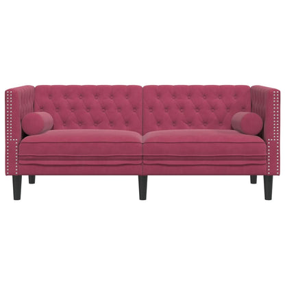 Sofá chesterfield com rolos 2 lugares veludo vermelho tinto