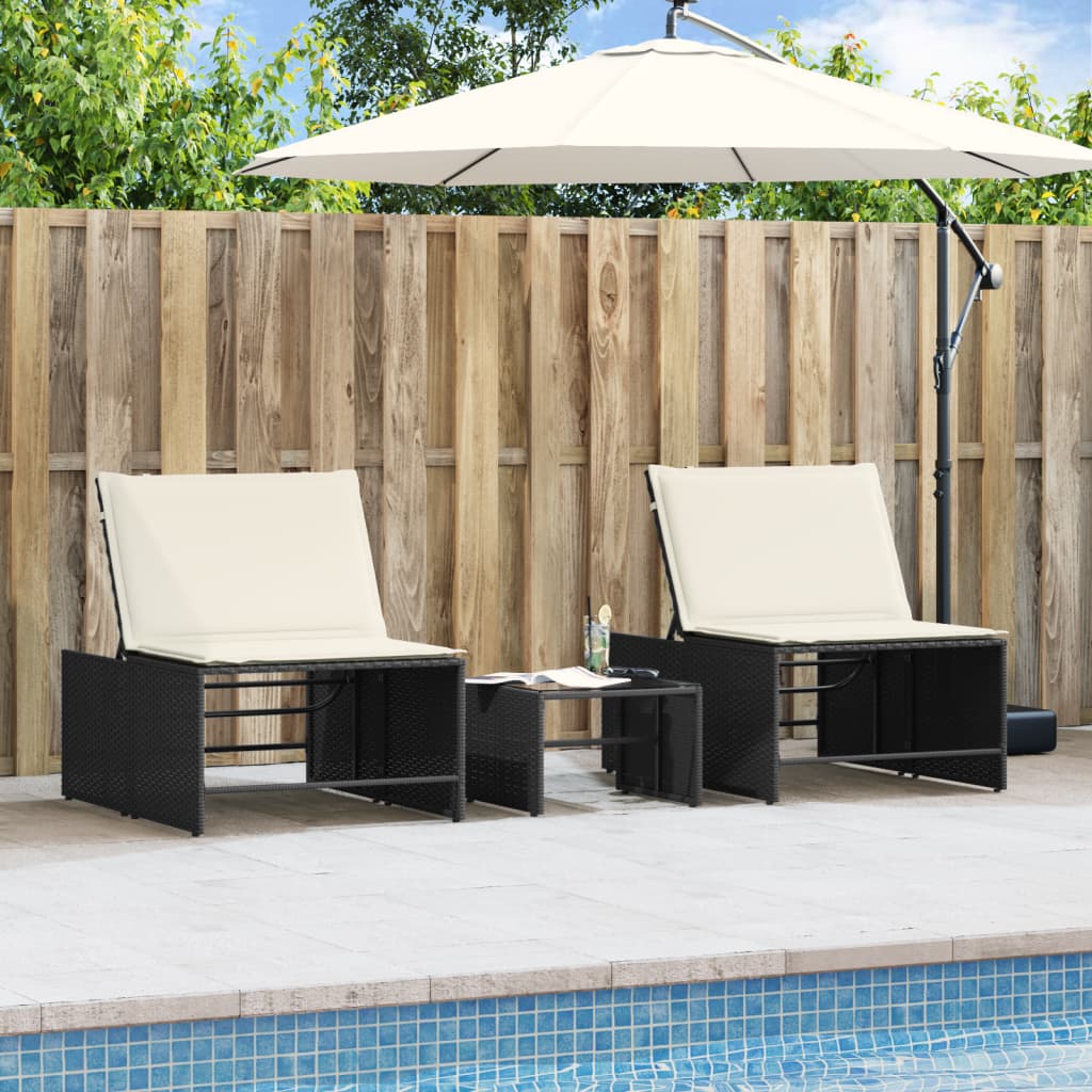 Sun loungers with table 2 pcs black PE rattan