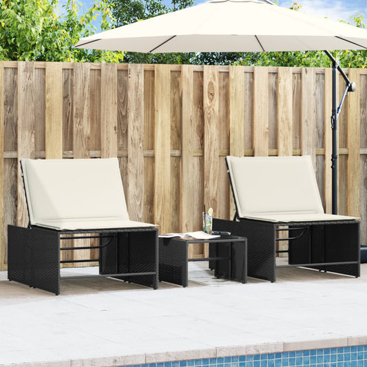 Sun loungers with table 2 pcs black PE rattan