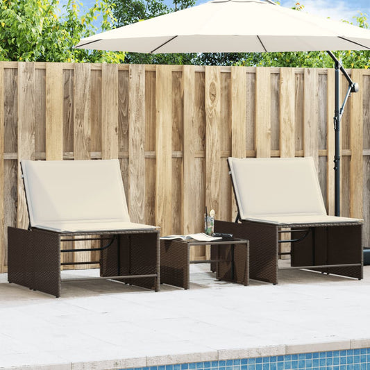 Sun loungers with table 2 pcs PE rattan brown