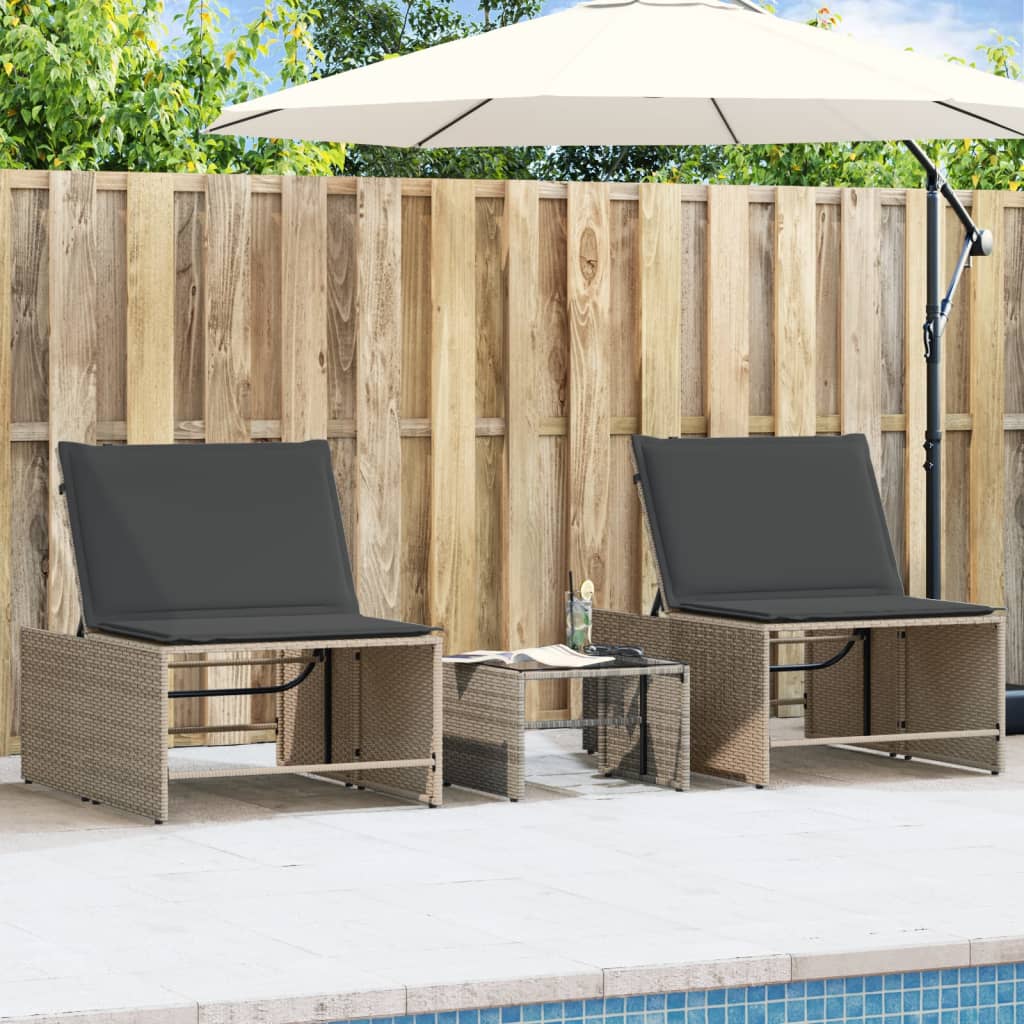 Sun loungers with table 2 pcs PE rattan grey
