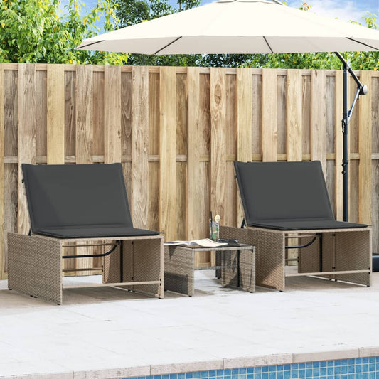 Sun loungers with table 2 pcs PE rattan grey