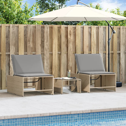 Sun loungers with table 2 pcs PE rattan beige