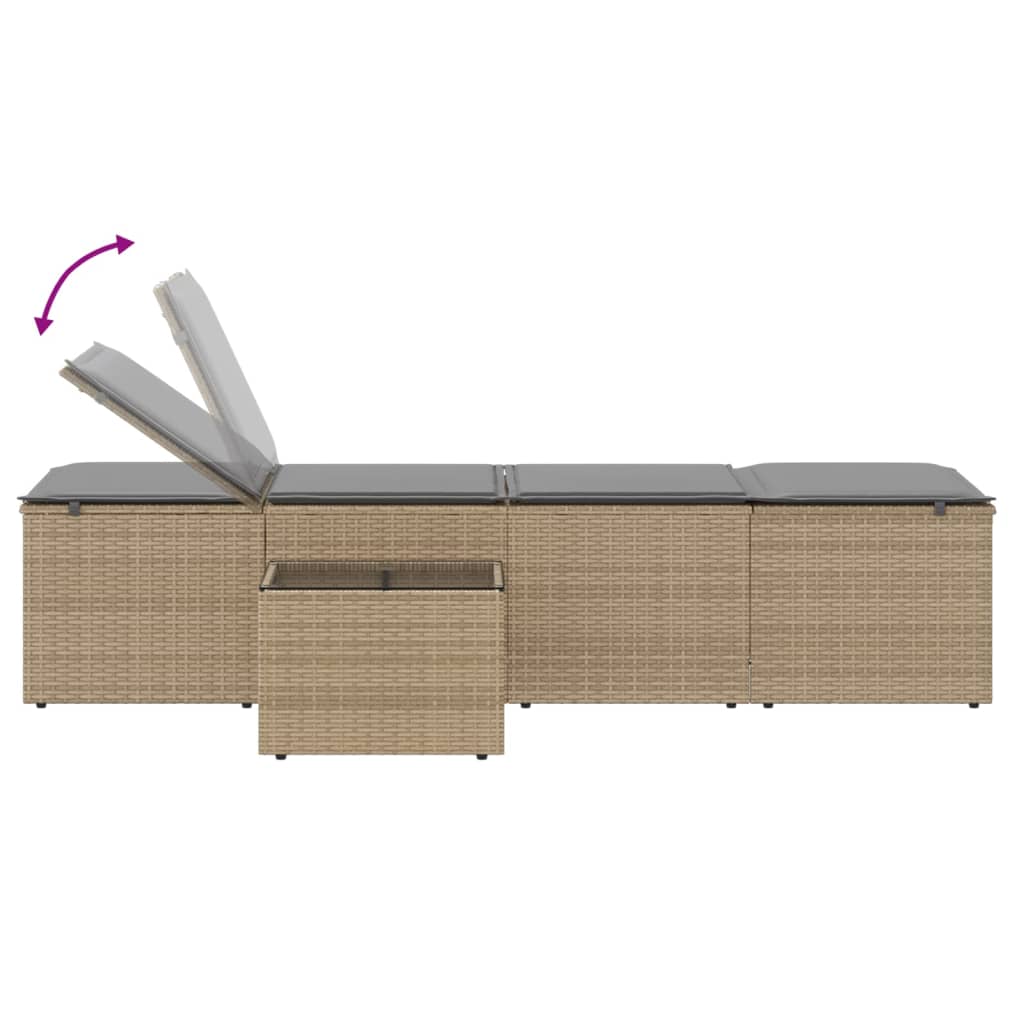 Sun loungers with table 2 pcs PE rattan beige