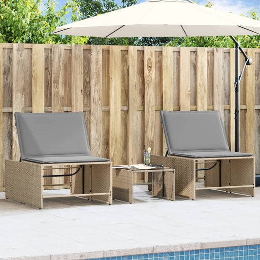 Sun loungers with table 2 pcs PE rattan beige