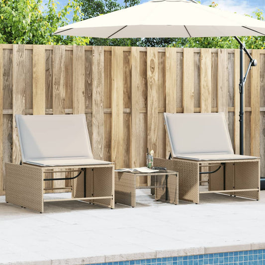 Sun loungers with table 2 pcs PE rattan beige