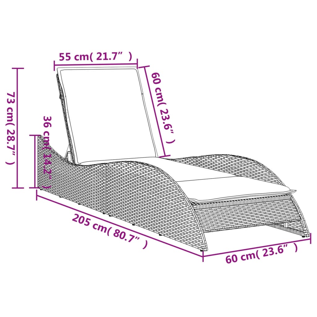 Sun lounger with cushion 60x205x73 cm black PE wicker