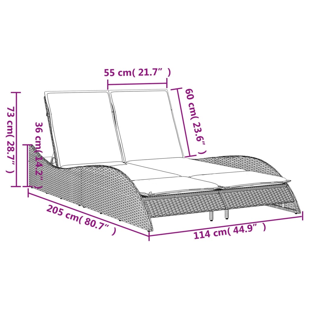 Sun lounger with cushions 114x205x73 cm PE wicker grey