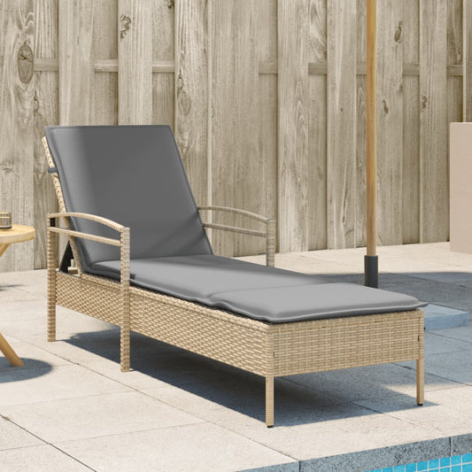 Sun lounger with cushion 63x200x81 cm PE wicker beige