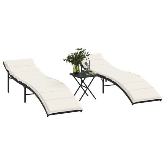 Sun loungers with table 2 pcs black PE rattan
