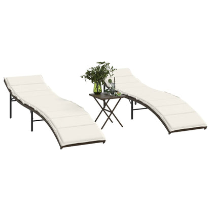 Sun loungers with table 2 pcs PE rattan brown