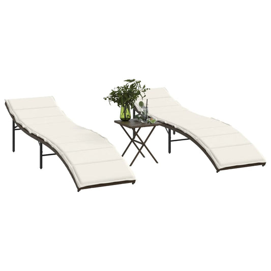 Sun loungers with table 2 pcs PE rattan brown