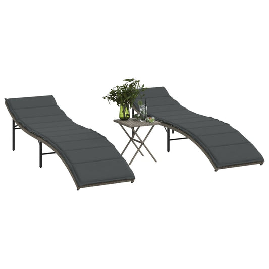 Sun loungers with table 2 pcs PE rattan grey