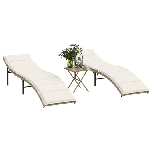 Sun loungers with table 2 pcs PE rattan beige