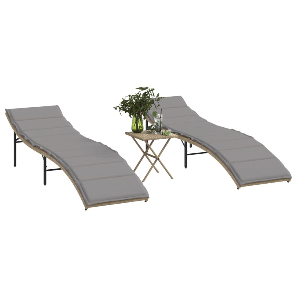 Sun loungers with table 2 pcs PE rattan beige