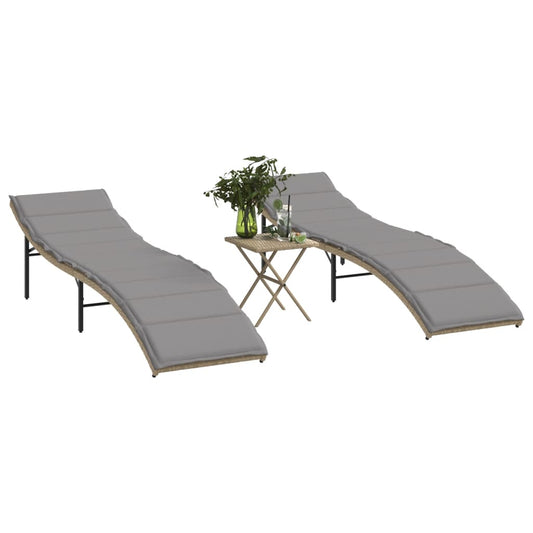 Sun loungers with table 2 pcs PE rattan beige