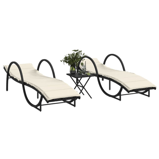 Sun loungers with table 2 pcs black PE rattan