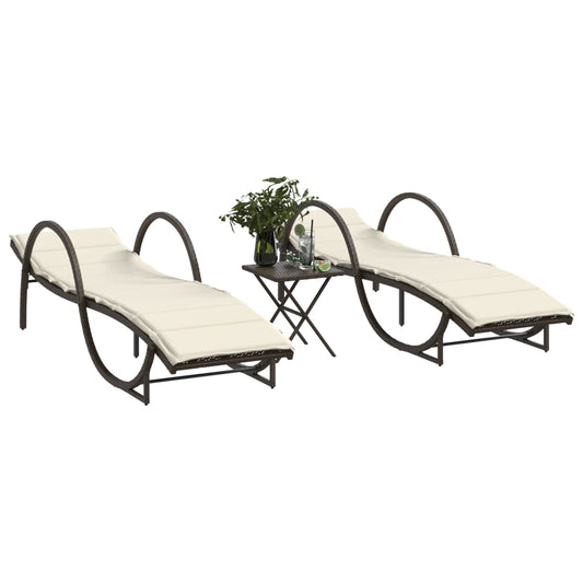 Sun loungers with table 2 pcs PE rattan brown