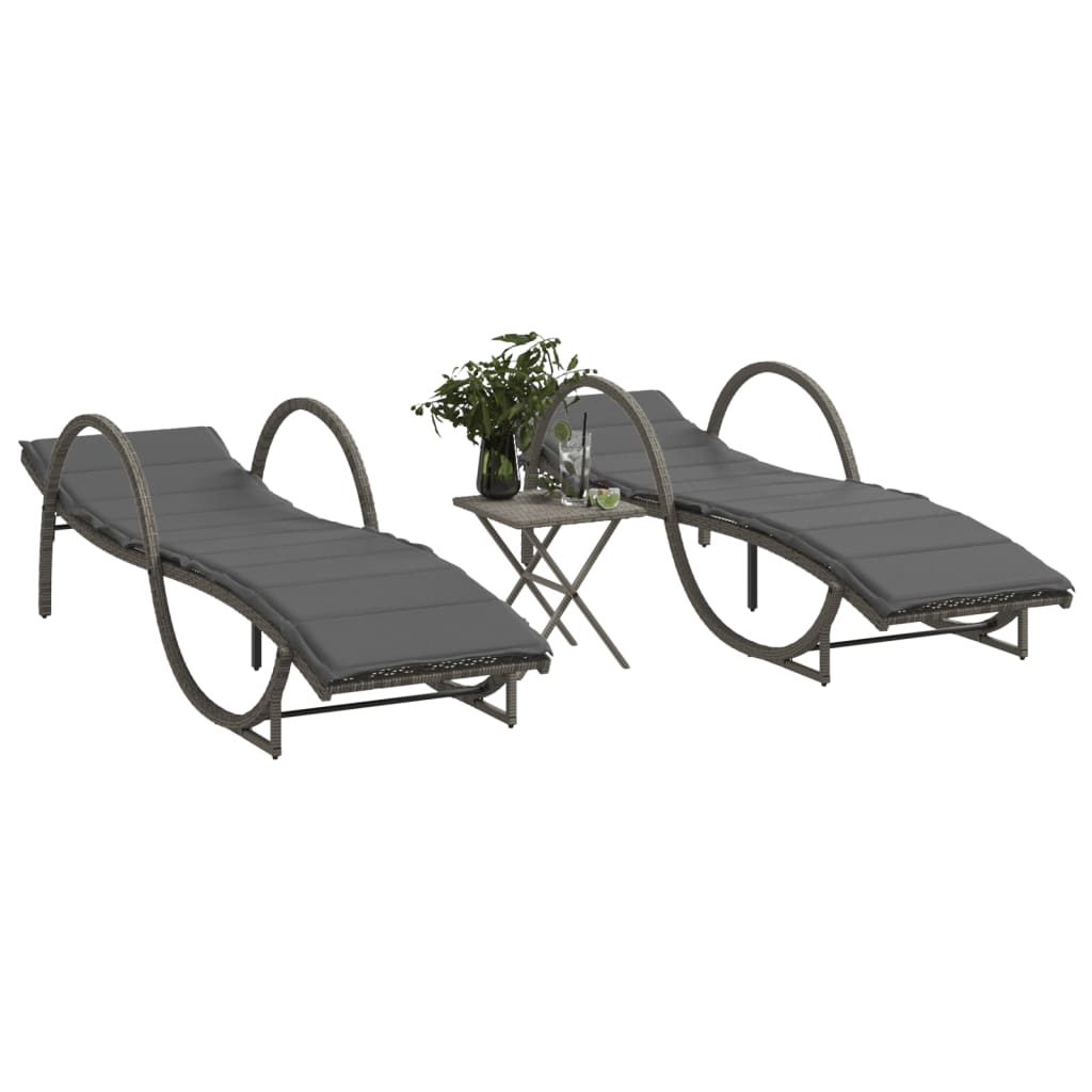 Sun loungers with table 2 pcs PE rattan grey