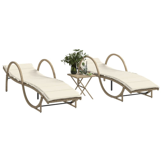 Sun loungers with table 2 pcs PE rattan beige