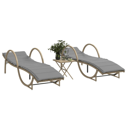 Sun loungers with table 2 pcs PE rattan beige