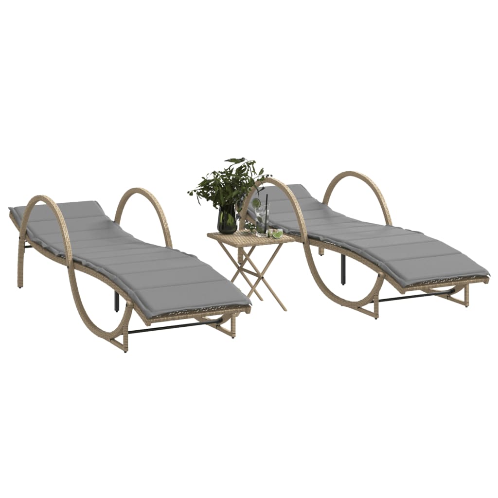 Sun loungers with table 2 pcs PE rattan beige