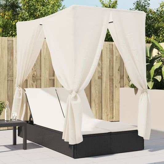 Double sun lounger with roof and curtains in black PE wicker