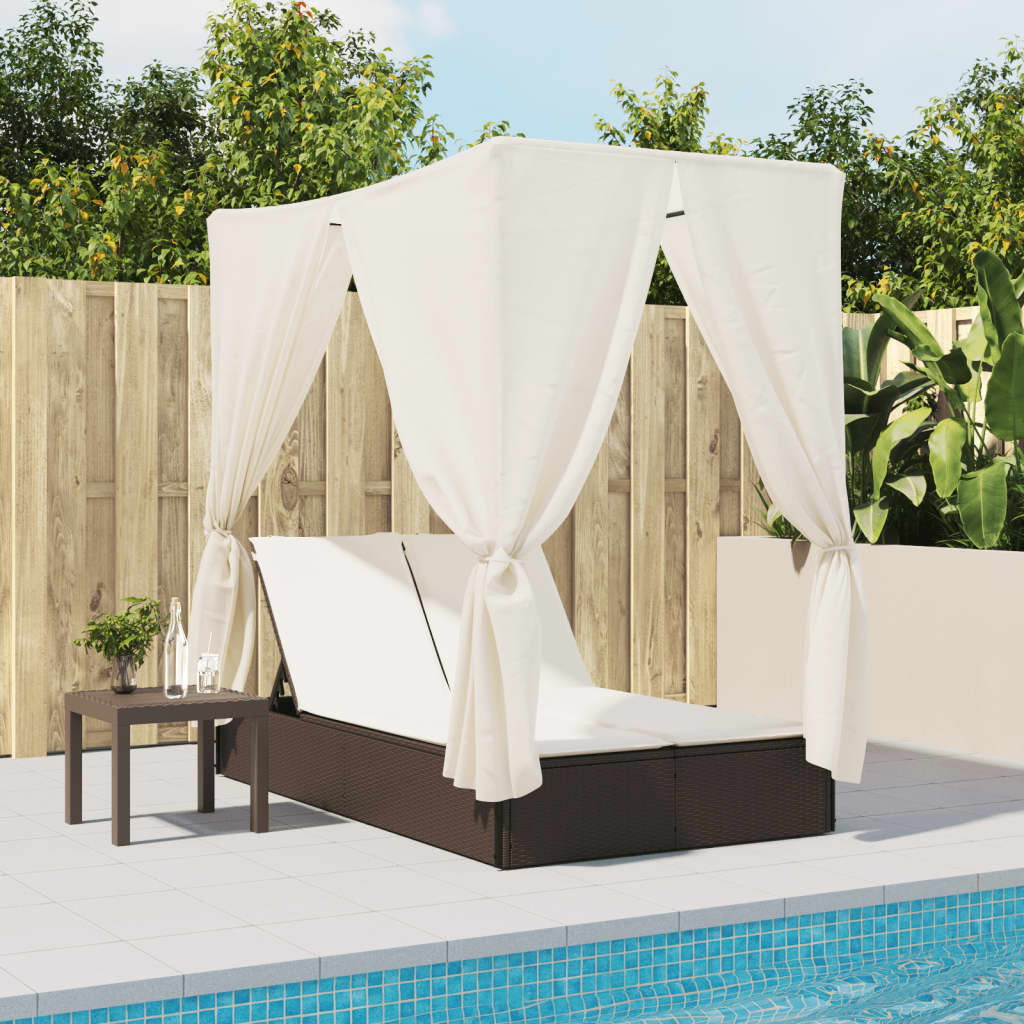 Double sun lounger with roof and curtains in brown PE rattan