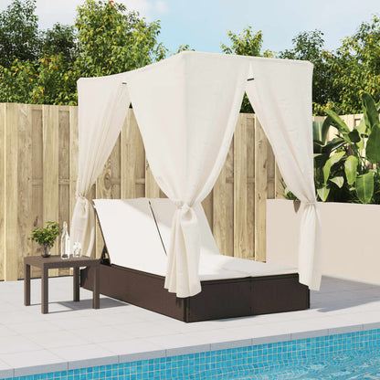 Double sun lounger with roof and curtains in brown PE rattan