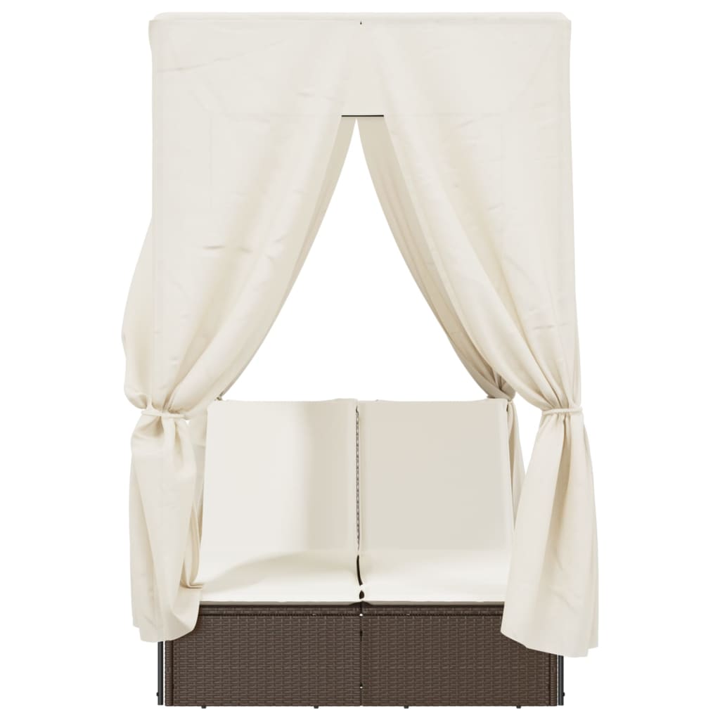 Double sun lounger with roof and curtains in brown PE rattan