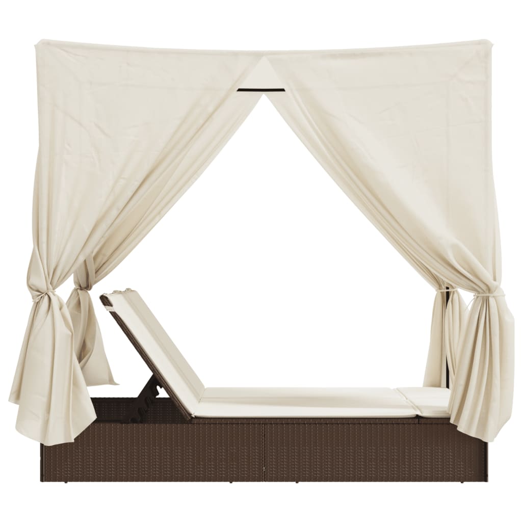 Double sun lounger with roof and curtains in brown PE rattan