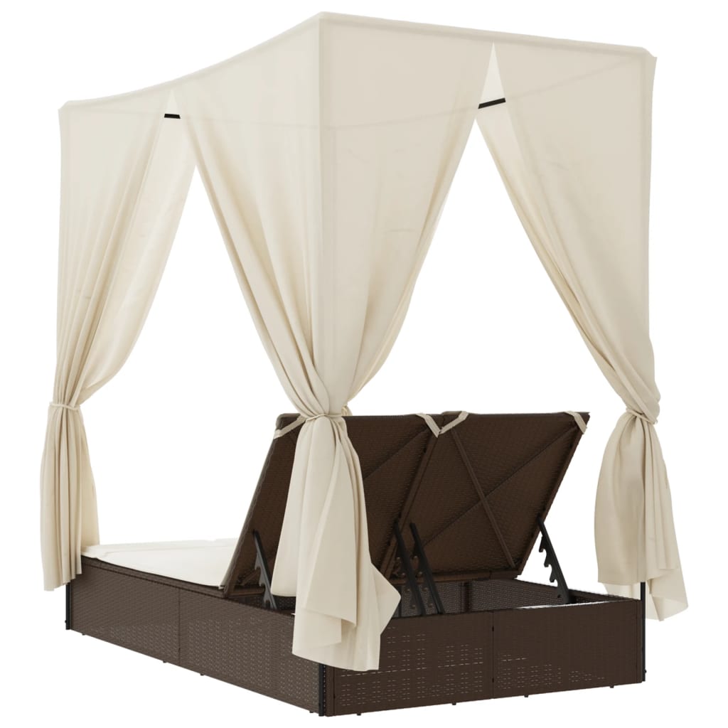 Double sun lounger with roof and curtains in brown PE rattan