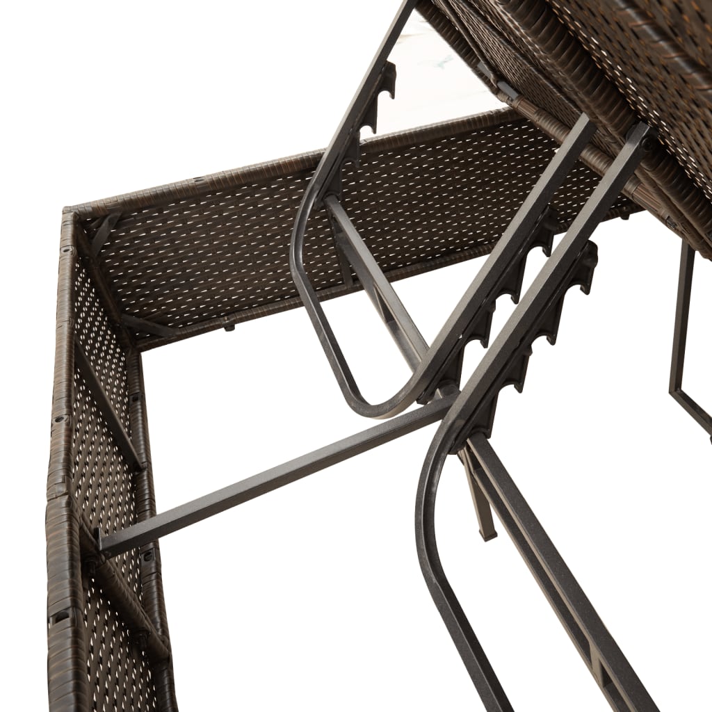 Double sun lounger with roof and curtains in brown PE rattan