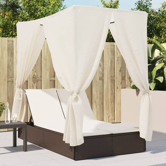 Double sun lounger with roof and curtains in brown PE rattan