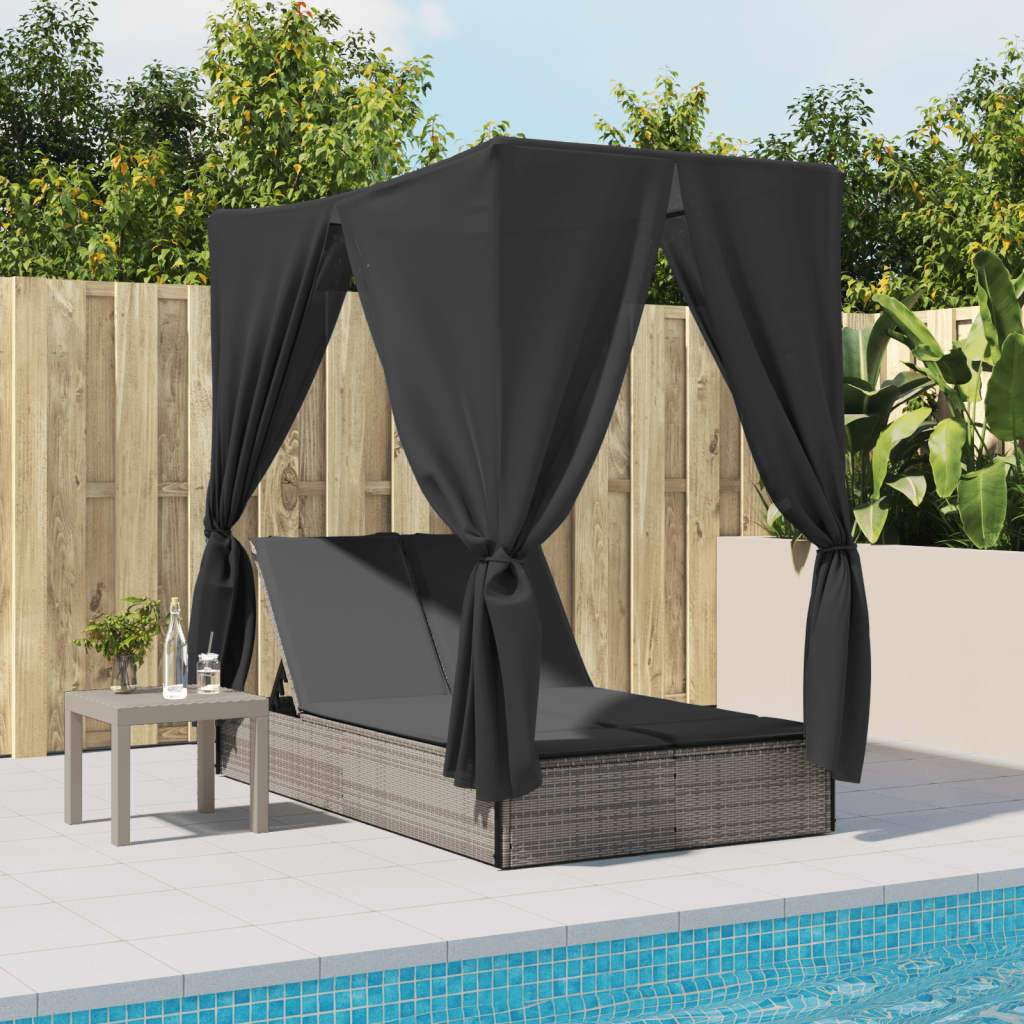Double sun lounger with roof and curtains in grey poly rattan