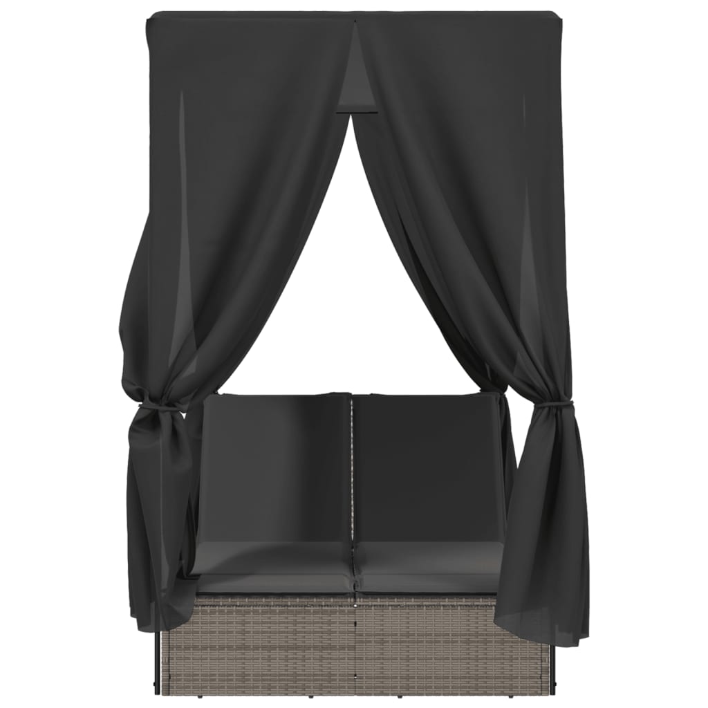 Double sun lounger with roof and curtains in grey poly rattan