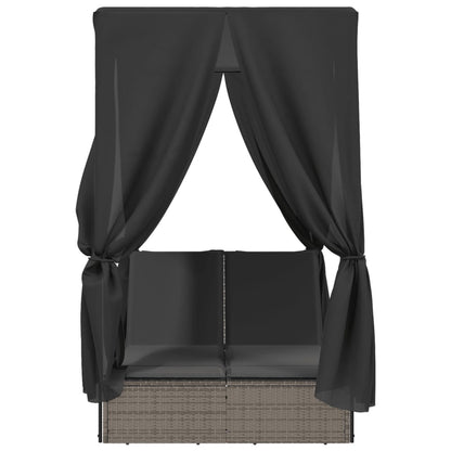 Double sun lounger with roof and curtains in grey poly rattan