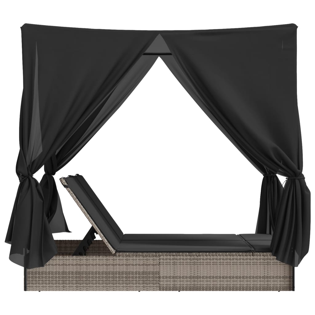 Double sun lounger with roof and curtains in grey poly rattan