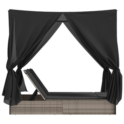 Double sun lounger with roof and curtains in grey poly rattan