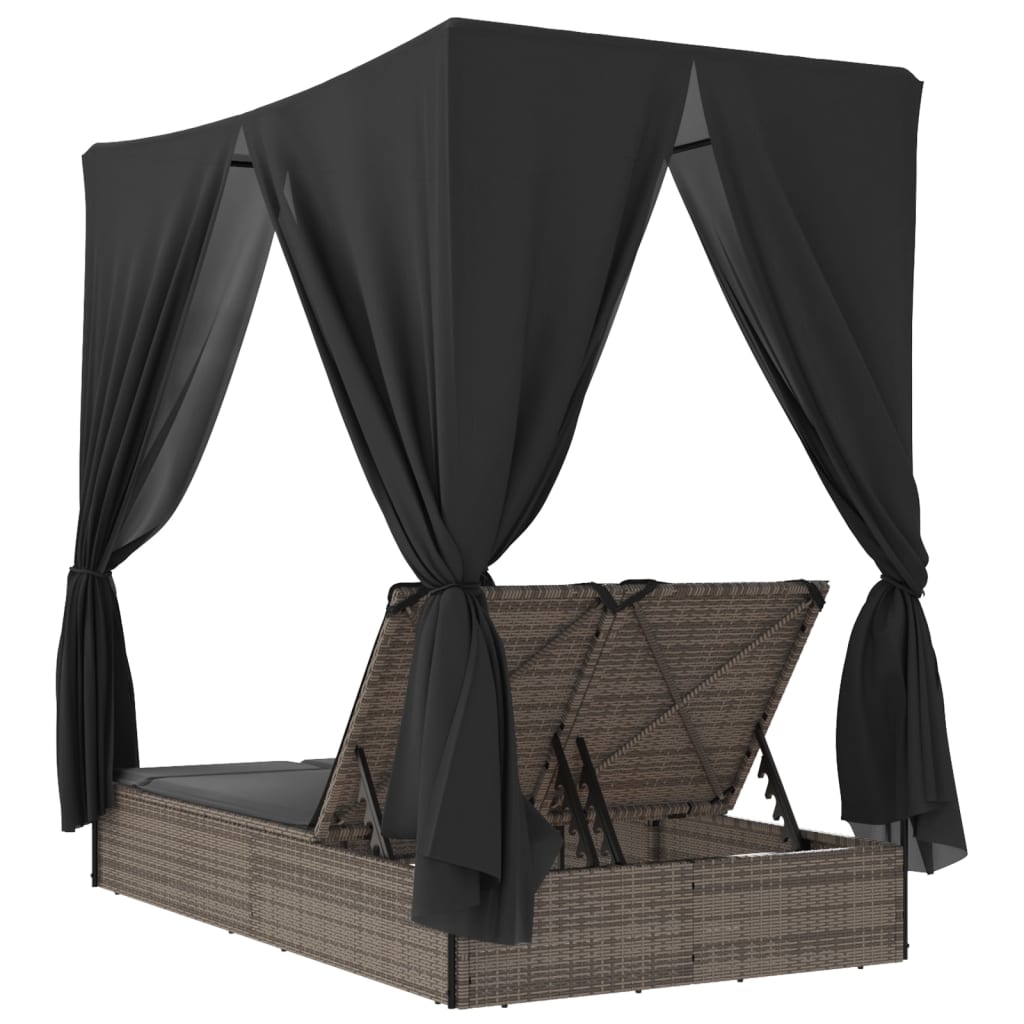 Double sun lounger with roof and curtains in grey poly rattan