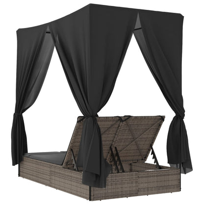 Double sun lounger with roof and curtains in grey poly rattan