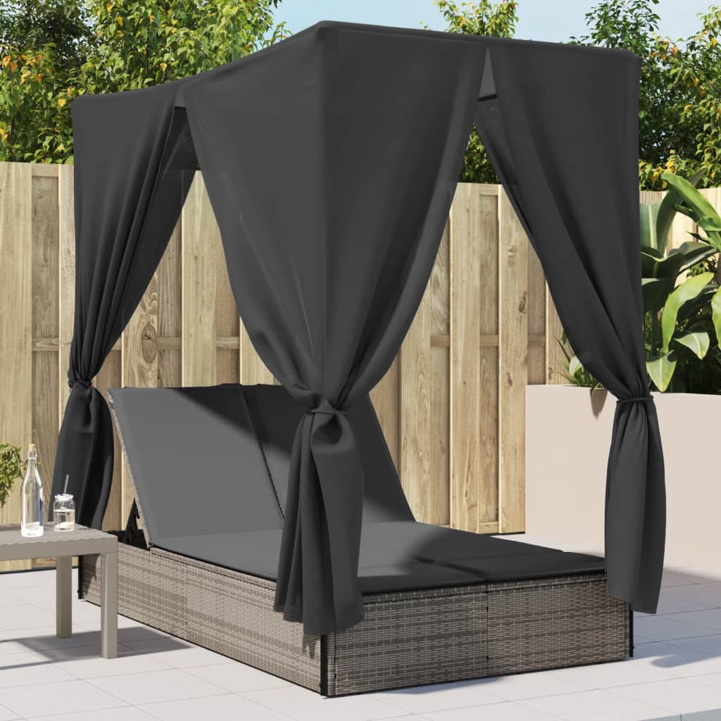 Double sun lounger with roof and curtains in grey poly rattan