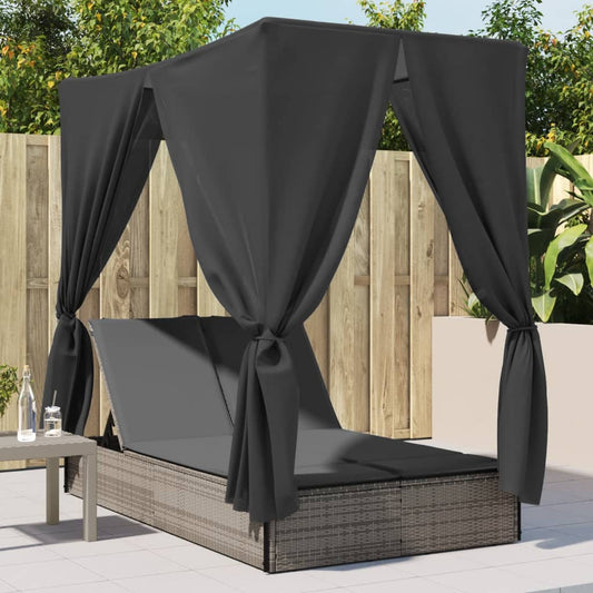 Double sun lounger with roof and curtains in grey poly rattan