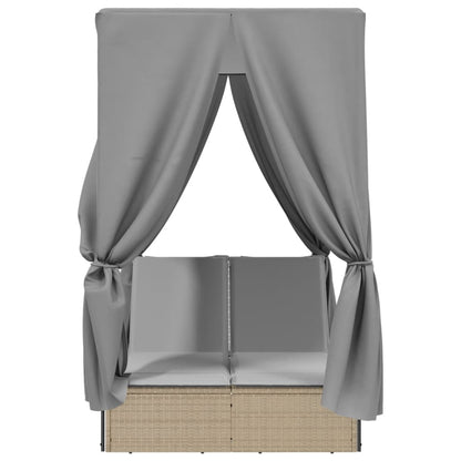 Double sun lounger with roof and curtains in beige PE wicker