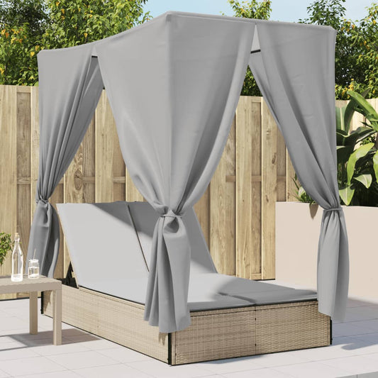 Double sun lounger with roof and curtains in beige PE wicker