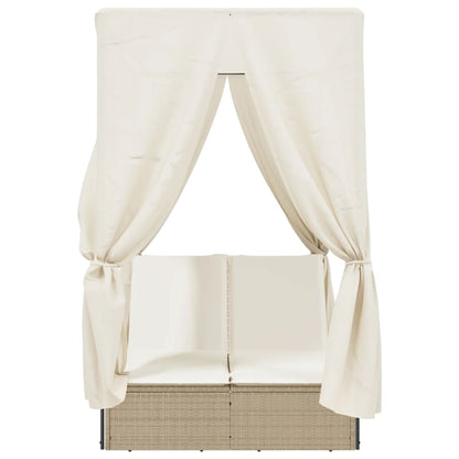 Double sun lounger with roof and curtains in beige PE wicker