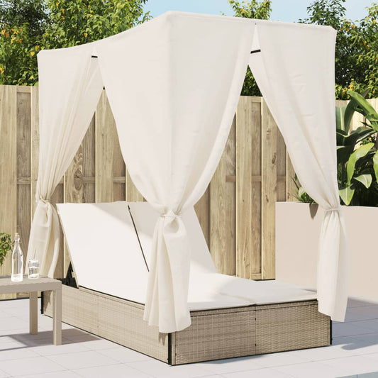 Double sun lounger with roof and curtains in beige PE wicker